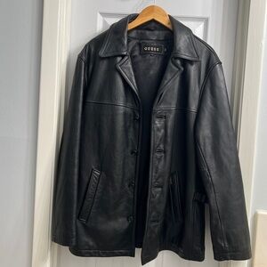 GUESS Men’s Black Genuine Leather Jacket Size M Adjustable Buckles